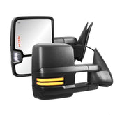 Black Power Heated Tow Mirrors For 1999-2002 Silverado Sierra 1500/2500 w/Sequential Amber Turn Light, Clearance Lamps, White Running Light (Set of 2)